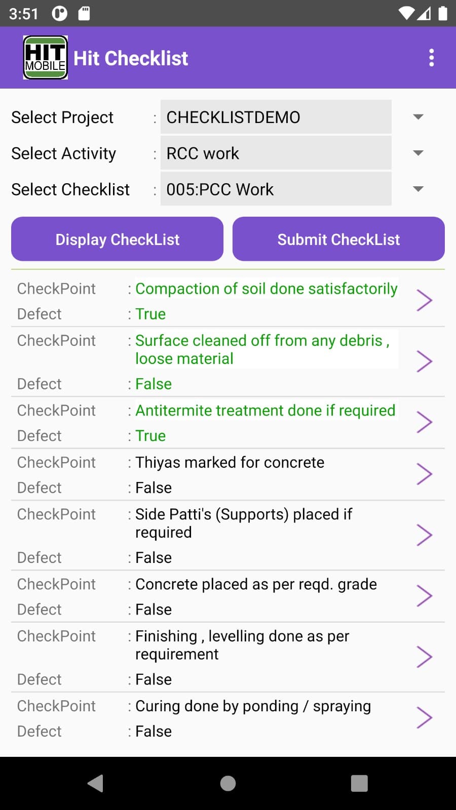 Quality Inspection Checklist Screen