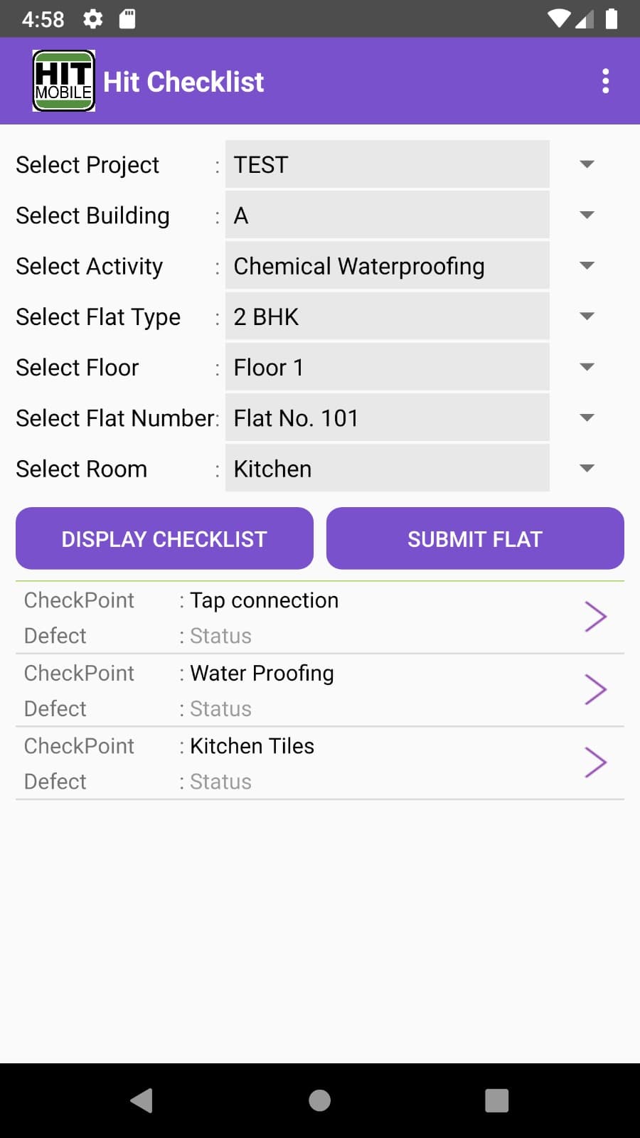 Unit-Level Inspection Checklist Screen